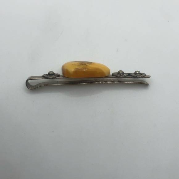 Vtg Baltic Amber Floral Silver Tone Metal Money / Tie Clip 2.2” / 1” Amber Stone - Picture 2 of 5
